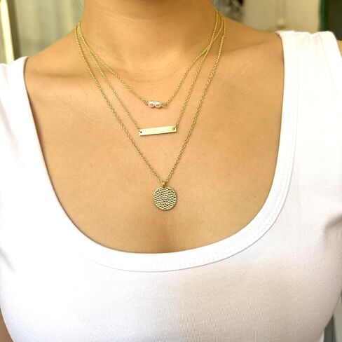 قلادة Harlorki Dainty بسيطة مطلية بالذهب عيار 14 قيراط بسلسلة من الطبقات وقلادة دائرية على شكل قرص مطروق هدية مجوهرات أنيقة للنساء والسيدات والبنات in Kuwait