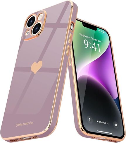 Teageo لهاتف iPhone 14 Plus حافظة للنساء والبنات اللطيفة على شكل قلب فاخر مطلي بطبقة ناعمة لامعة وغطاء خلفي مرتفع لحماية الكاميرا الكاملة من السيليكون المقاوم للصدمات لهاتف iPhone 14 Plus، لافندر in Kuwait