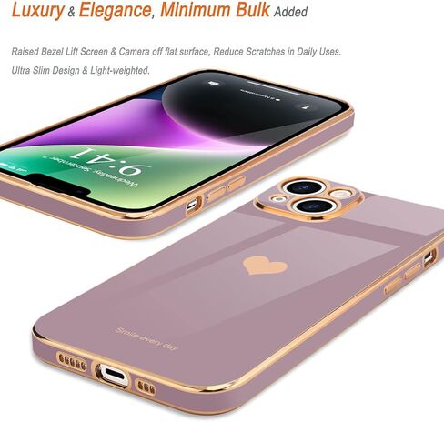 Teageo لهاتف iPhone 14 Plus حافظة للنساء والبنات اللطيفة على شكل قلب فاخر مطلي بطبقة ناعمة لامعة وغطاء خلفي مرتفع لحماية الكاميرا الكاملة من السيليكون المقاوم للصدمات لهاتف iPhone 14 Plus، لافندر in Kuwait