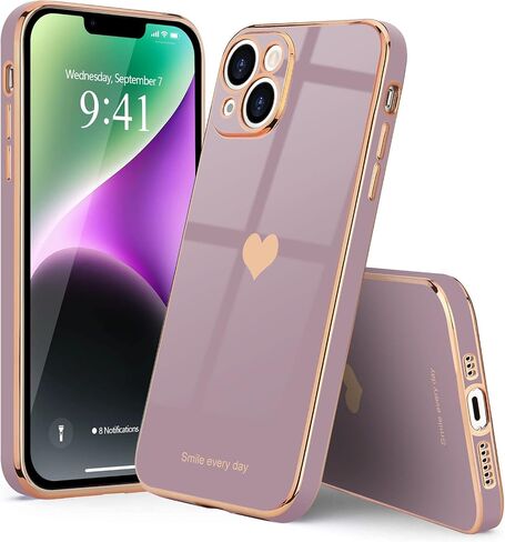 Teageo لهاتف iPhone 14 Plus حافظة للنساء والبنات اللطيفة على شكل قلب فاخر مطلي بطبقة ناعمة لامعة وغطاء خلفي مرتفع لحماية الكاميرا الكاملة من السيليكون المقاوم للصدمات لهاتف iPhone 14 Plus، لافندر in Kuwait