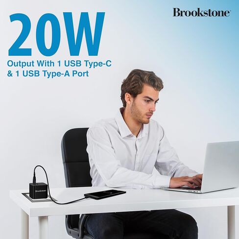 Brookstone محول شحن سريع ثنائي المنافذ مع 1 USB من النوع C و1 USB A 20 وات شاحن حائط سريع لأجهزة iPhone، والكمبيوتر اللوحي، وAirPods، وهواتف Android المحمولة، والساعات الذكية | كتلة شاحن مزدوج in Kuwait