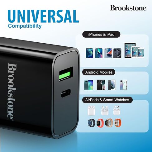 Brookstone محول شحن سريع ثنائي المنافذ مع 1 USB من النوع C و1 USB A 20 وات شاحن حائط سريع لأجهزة iPhone، والكمبيوتر اللوحي، وAirPods، وهواتف Android المحمولة، والساعات الذكية | كتلة شاحن مزدوج in Kuwait