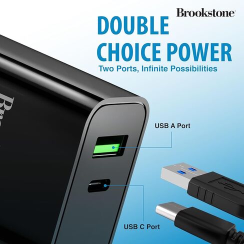 Brookstone محول شحن سريع ثنائي المنافذ مع 1 USB من النوع C و1 USB A 20 وات شاحن حائط سريع لأجهزة iPhone، والكمبيوتر اللوحي، وAirPods، وهواتف Android المحمولة، والساعات الذكية | كتلة شاحن مزدوج in Kuwait