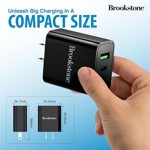 Brookstone محول شحن سريع ثنائي المنافذ مع 1 USB من النوع C و1 USB A 20 وات شاحن حائط سريع لأجهزة iPhone، والكمبيوتر اللوحي، وAirPods، وهواتف Android المحمولة، والساعات الذكية | كتلة شاحن مزدوج in Kuwait