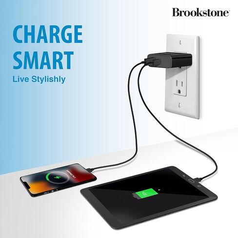 Brookstone محول شحن سريع ثنائي المنافذ مع 1 USB من النوع C و1 USB A 20 وات شاحن حائط سريع لأجهزة iPhone، والكمبيوتر اللوحي، وAirPods، وهواتف Android المحمولة، والساعات الذكية | كتلة شاحن مزدوج in Kuwait