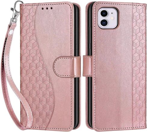 حافظة مصممة لهاتف iPhone 11، غطاء قابل للطي للسيدات مع حامل من جلد البولي يوريثان المنقوش وفتحات لبطاقات الائتمان وحزام المعصم لهاتف iPhone 11 6.1 بوصة (ذهبي وردي) in Saudi Arabia