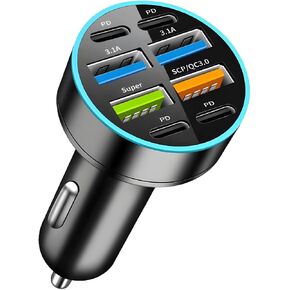 8 Ports 66W Car Charger, 12-24V Super Fast Charging with USB 3.1A PD&QC 3.0 with LED Voltmeter for Cigarette Lighter Plug, Compatible with All Smartphone, Universal Auto Accessories