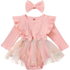 FOMOYUU Newborn Baby Girl Outfits Floral Mesh Ruffles Long Sleeve Romper Dress Fall Winter Bow Clothes with Headband