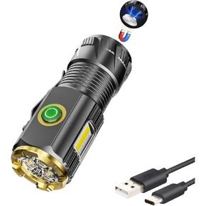 Mini LED three eye flashlight, high brightness small flashlight, USB charging, 6 modes, IPX6 waterproof, with strong magnetic tail and side metal clip, suitable for camping and outdoor activities.