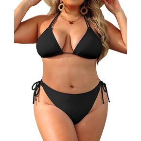 Daci Women Plus Size Triangle Bikini Sets Two Piece Double Straps Halter Swimsuit Side Tie String Sexy Bathing Suits Black XL