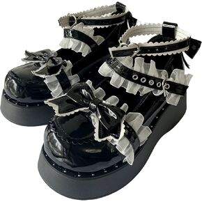 Women Y2K Kawaii Lolita Harajuku Goth Round Toe Chunky Heels White Lace Knot-Bow Decor Mary Jane Platform Shoes