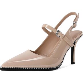 Women's Pointed Toe Mary Jane Pumps High Heels with Slingback Ankle Strap Beaded Heels 3.5 Inch Pumps Shoes