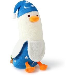 PEACH CAT Cute Banana Duck Plush Pillow Toy Cute Long Duck Plushie with Nightcap Duck Stuffed Animal Gift for Kids White and Blue 19.7"