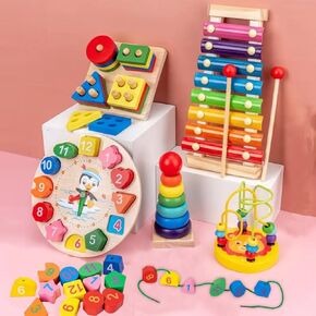 5-in-1Wooden Baby Intellectual Development Toys, Birthday gift, Early Learning Educational Montessori Toys for 3-years and plus Boys and Girls, Small