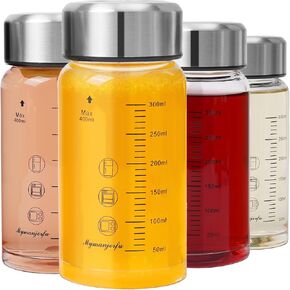 Glass Juice Bottles 4 Pack 10 oz - Wide Mouth Glass Water Bottles with Lids - for Juicing, Smoothies, Milk, Protein, BPA Free, Reusable, Stainless Steel Lids, Leak Proof, Shaker bottle