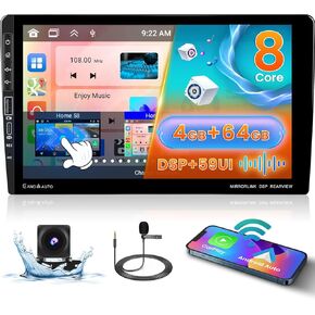 8 Core 4G+64G Android 13 Double Din Car Radio with Wireless Carplay & Android Auto, 9 Inch Touchscreen Car Stereo Upgrade with GPS WiFi BT 32EQ DSP 59UI MIC AHD Backup Camera