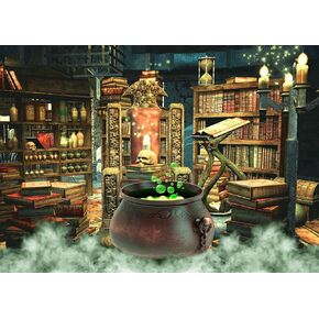 7x5Ft Halloween Backdrop Witch Room Background Photography Bookshelf Cauldron Boiling Smoke Baby Shower Banner Halloween Party Decorations Photoshoot Backdrops