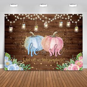 Mocsicka Pumpkin Gender Reveal Backdrop Little Pumpkin He or She Pink or Blue Background Rustic Wood Fall Gender Reveal Party Cake Table Decoration Banner Photo Booth Props (7x5ft)
