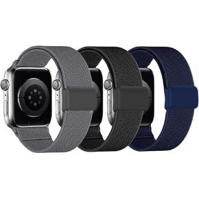 1/3 Pack Stretchy Nylon Solo Loop Compatible with Kids Apple Watch Bands 38mm 40mm 41mm& 42mm 44mm 45mm, Magnetic Buckle Adjustable Elastic Nylon Strap Replacement for iWatch Series 9/8/7/6/5/4/3/2/1/SE/SE2 Boys Girls