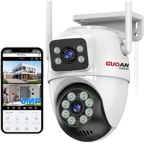 GUOANVISION Dual Lens Linkage Wireless Security Camera Outdoor, 6MP WiFi Bluetooth PTZ Surveillance Camera,360°View,Human Detection,Auto Tracking,Light Alarm,Night Vision,Two-Way Audio