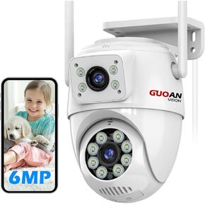 GUOANVISION Dual Lens Linkage Wireless Security Camera Outdoor, 6MP WiFi Bluetooth PTZ Surveillance Camera,360°View,Human Detection,Auto Tracking,Light Alarm,Night Vision,Two-Way Audio