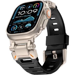 WINGLE FKM Rubber Band for Apple Watch Ultra 2 Band Ultra Band 49mm 46mm 45mm 44mm 42mm for Men Series 10 9 8 7 SE 6 5 4 3 2 1, Rugged FKM Military iWatch Sport Silicone Band with Metal Connector