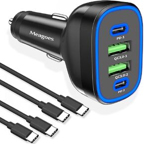 72W 4-Port USB C Super Fast Car Charger for iPhone 16 Pro Max/Plus/15, Samsung Galaxy S24 Ultra/S23 fe/A55, Google Pixel 9 Car USB Charger Multi Port for Family Travel with 2-Pack Type C Cord