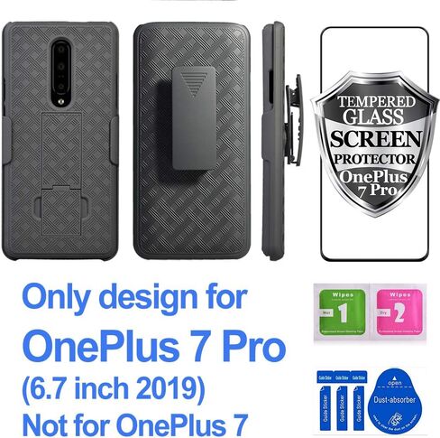 جراب OnePlus 7 Pro، واقي شاشة كامل One Plus 7 Pro من الزجاج المقسى، درع Ailiber متين لكامل الجسم مقاوم للصدمات/مشبك حزام/مسند 2 في 1 غطاء حماية صلب نحيف لهاتف OnePlus7Pro - أسود in Saudi Arabia