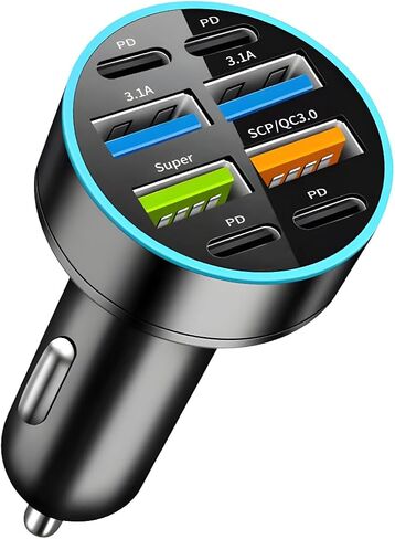 شاحن سيارة 8 منافذ بقدرة 66 وات، شحن فائق السرعة 12-24 فولت مع USB 3.1A PD&QC 3.0 مع الفولتميتر LED لقابس ولاعة السجائر، متوافق مع جميع الهواتف الذكية، وملحقات السيارات العالمية in Kuwait