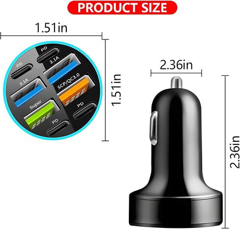 شاحن سيارة 8 منافذ بقدرة 66 وات، شحن فائق السرعة 12-24 فولت مع USB 3.1A PD&QC 3.0 مع الفولتميتر LED لقابس ولاعة السجائر، متوافق مع جميع الهواتف الذكية، وملحقات السيارات العالمية in Kuwait