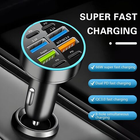 شاحن سيارة 8 منافذ بقدرة 66 وات، شحن فائق السرعة 12-24 فولت مع USB 3.1A PD&QC 3.0 مع الفولتميتر LED لقابس ولاعة السجائر، متوافق مع جميع الهواتف الذكية، وملحقات السيارات العالمية in Kuwait