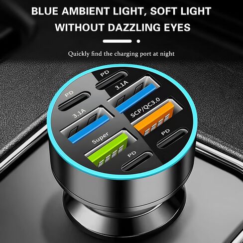 شاحن سيارة 8 منافذ بقدرة 66 وات، شحن فائق السرعة 12-24 فولت مع USB 3.1A PD&QC 3.0 مع الفولتميتر LED لقابس ولاعة السجائر، متوافق مع جميع الهواتف الذكية، وملحقات السيارات العالمية in Kuwait