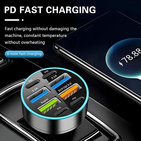 شاحن سيارة 8 منافذ بقدرة 66 وات، شحن فائق السرعة 12-24 فولت مع USB 3.1A PD&QC 3.0 مع الفولتميتر LED لقابس ولاعة السجائر، متوافق مع جميع الهواتف الذكية، وملحقات السيارات العالمية in Kuwait