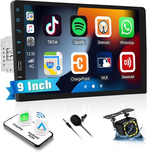 UNITOPSCI Single Din 9 بوصة تعمل باللمس ستيريو سيارة مع Apple CarPlay Android Auto Bluetooth Car Radio Mirror Link FM Radio USB Playback/USB Charge، مدخل DVR مع ميكروفون كاميرا احتياطية in Saudi Arabia