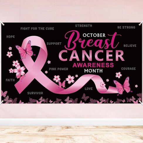 ANGOLIO XtraLarge Breast Cancer Awareness Pink Ribbon Pattern Backdrop Decorations Tropical Breast Cancer Awareness Month Flower Butterfly Photography Backyard Banner Decor Photo Booth Props in Kuwait