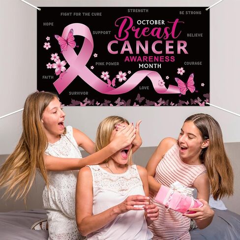 ANGOLIO XtraLarge Breast Cancer Awareness Pink Ribbon Pattern Backdrop Decorations Tropical Breast Cancer Awareness Month Flower Butterfly Photography Backyard Banner Decor Photo Booth Props in Kuwait