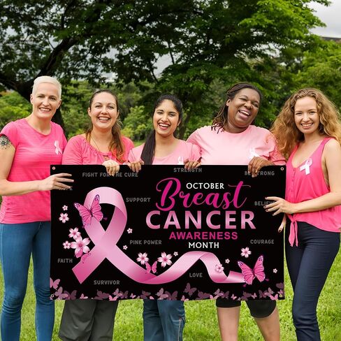 ANGOLIO XtraLarge Breast Cancer Awareness Pink Ribbon Pattern Backdrop Decorations Tropical Breast Cancer Awareness Month Flower Butterfly Photography Backyard Banner Decor Photo Booth Props in Kuwait