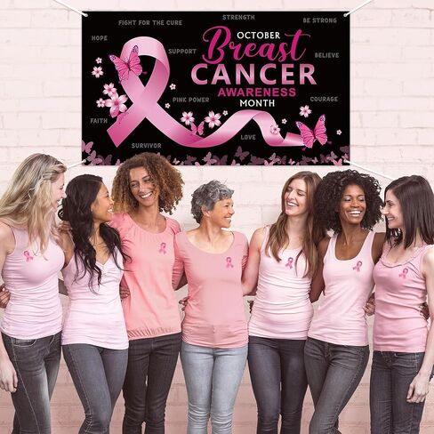 ANGOLIO XtraLarge Breast Cancer Awareness Pink Ribbon Pattern Backdrop Decorations Tropical Breast Cancer Awareness Month Flower Butterfly Photography Backyard Banner Decor Photo Booth Props in Kuwait