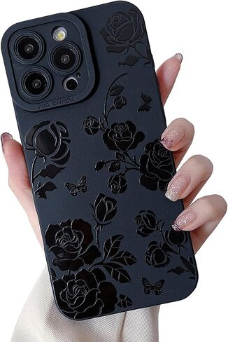 MINSCOSE Compatible with iPhone 16 Pro 6.3 inch Case,Cute Butterfly Flower Floral Cool Black Solid Design,Soft Silicone Slim Thin Girly Phone Case Protective Shockproof Cover for Women Girls-Rose in Saudi Arabia