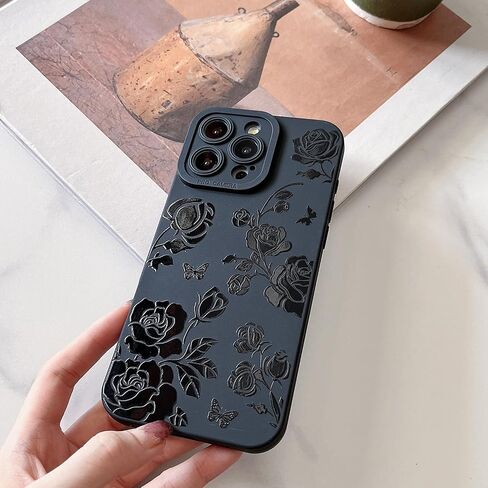 MINSCOSE Compatible with iPhone 16 Pro 6.3 inch Case,Cute Butterfly Flower Floral Cool Black Solid Design,Soft Silicone Slim Thin Girly Phone Case Protective Shockproof Cover for Women Girls-Rose in Saudi Arabia