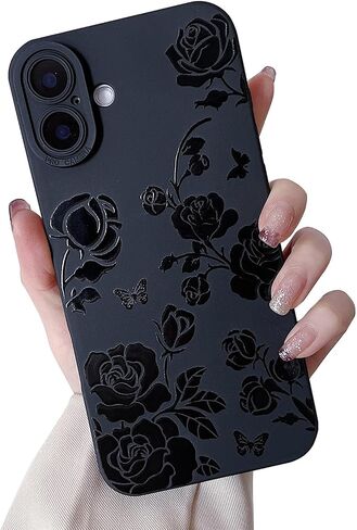 MINSCOSE Compatible with iPhone 16 Pro 6.3 inch Case,Cute Butterfly Flower Floral Cool Black Solid Design,Soft Silicone Slim Thin Girly Phone Case Protective Shockproof Cover for Women Girls-Rose in Saudi Arabia