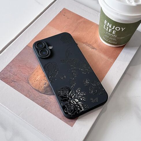MINSCOSE Compatible with iPhone 16 Pro 6.3 inch Case,Cute Butterfly Flower Floral Cool Black Solid Design,Soft Silicone Slim Thin Girly Phone Case Protective Shockproof Cover for Women Girls-Rose in Saudi Arabia