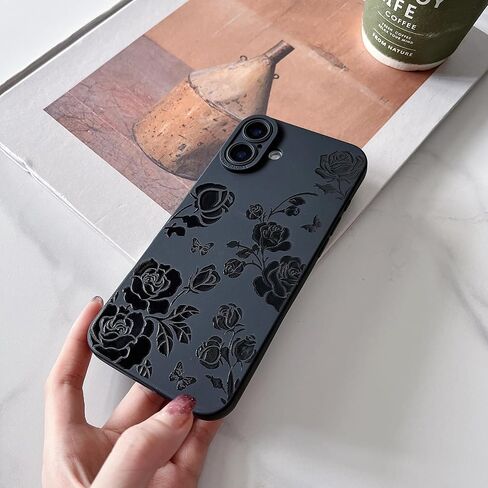 MINSCOSE Compatible with iPhone 16 Pro 6.3 inch Case,Cute Butterfly Flower Floral Cool Black Solid Design,Soft Silicone Slim Thin Girly Phone Case Protective Shockproof Cover for Women Girls-Rose in Saudi Arabia