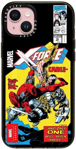 حافظة CASETiFY Impact iPhone 15 Plus [Deadpool & Wolverine Co-Lab / حماية من السقوط بطول 6.6 قدم/Magsafe] - حافظة بغطاء كتب هزلية - أسود شفاف in Kuwait