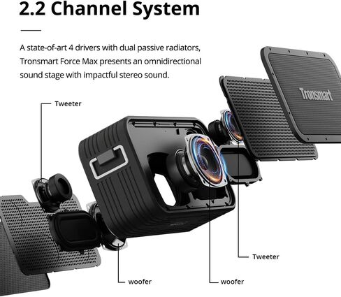 Tronsmart Force Max Portable Outdoor Speaker, Loud Bluetooth Speaker, Tri-Frequency Audio, Built-in Powerbank, Convenient Voice Assistant, IPX6 Waterproof Speaker with Retractable Strap for Outdoor in Kuwait