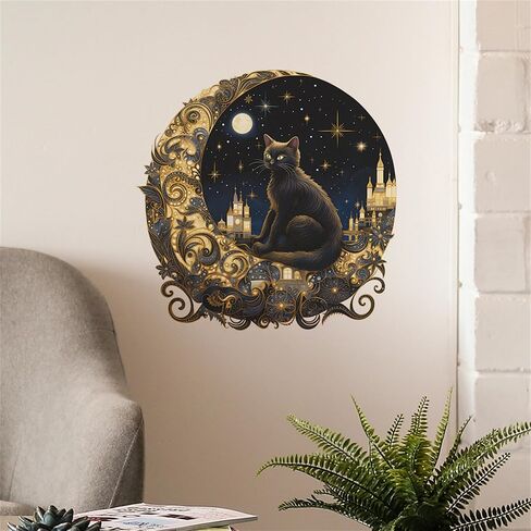WAFT YEARN Vinyl Removable Black Cat Kitty Moon Wall Decal Super Lovely Animals Safari Wall Sticker for Nursery School Classroom Bedroom Bathroom Boys Girls Room Playroom Office Home Decor in Saudi Arabia