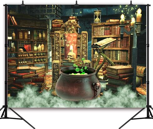 7x5Ft Halloween Backdrop Witch Room Background Photography Bookshelf Cauldron Boiling Smoke Baby Shower Banner Halloween Party Decorations Photoshoot Backdrops in Kuwait