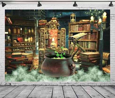 7x5Ft Halloween Backdrop Witch Room Background Photography Bookshelf Cauldron Boiling Smoke Baby Shower Banner Halloween Party Decorations Photoshoot Backdrops in Kuwait