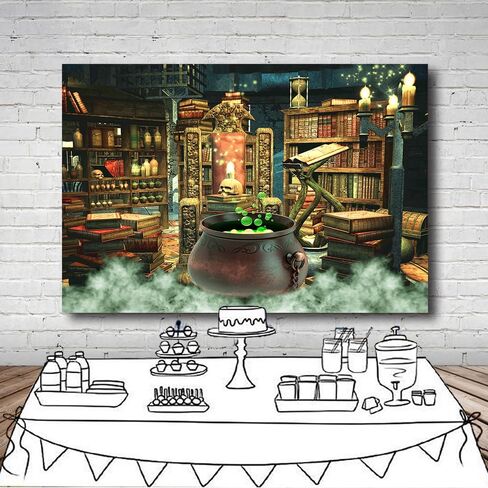 7x5Ft Halloween Backdrop Witch Room Background Photography Bookshelf Cauldron Boiling Smoke Baby Shower Banner Halloween Party Decorations Photoshoot Backdrops in Kuwait