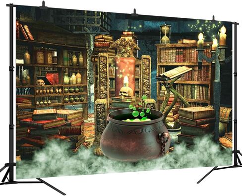 7x5Ft Halloween Backdrop Witch Room Background Photography Bookshelf Cauldron Boiling Smoke Baby Shower Banner Halloween Party Decorations Photoshoot Backdrops in Kuwait